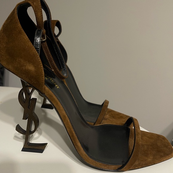 Saint Laurent Opyum Suede Logo Heel Sandals Brown 41.5 YSL Monogram Bronze - Picture 7 of 7